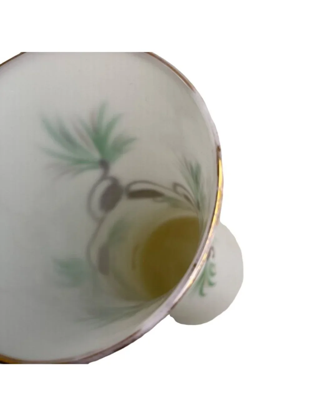 Vintage Consolidated Glass White Satin Vase Hand Painted Pinecone Gold Rim 9.75